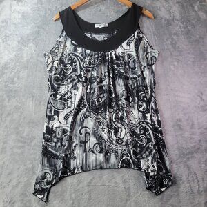 Claudia Richard Womens Sleeveless Asymmetrical Hem Tunic Top Black White Paisley